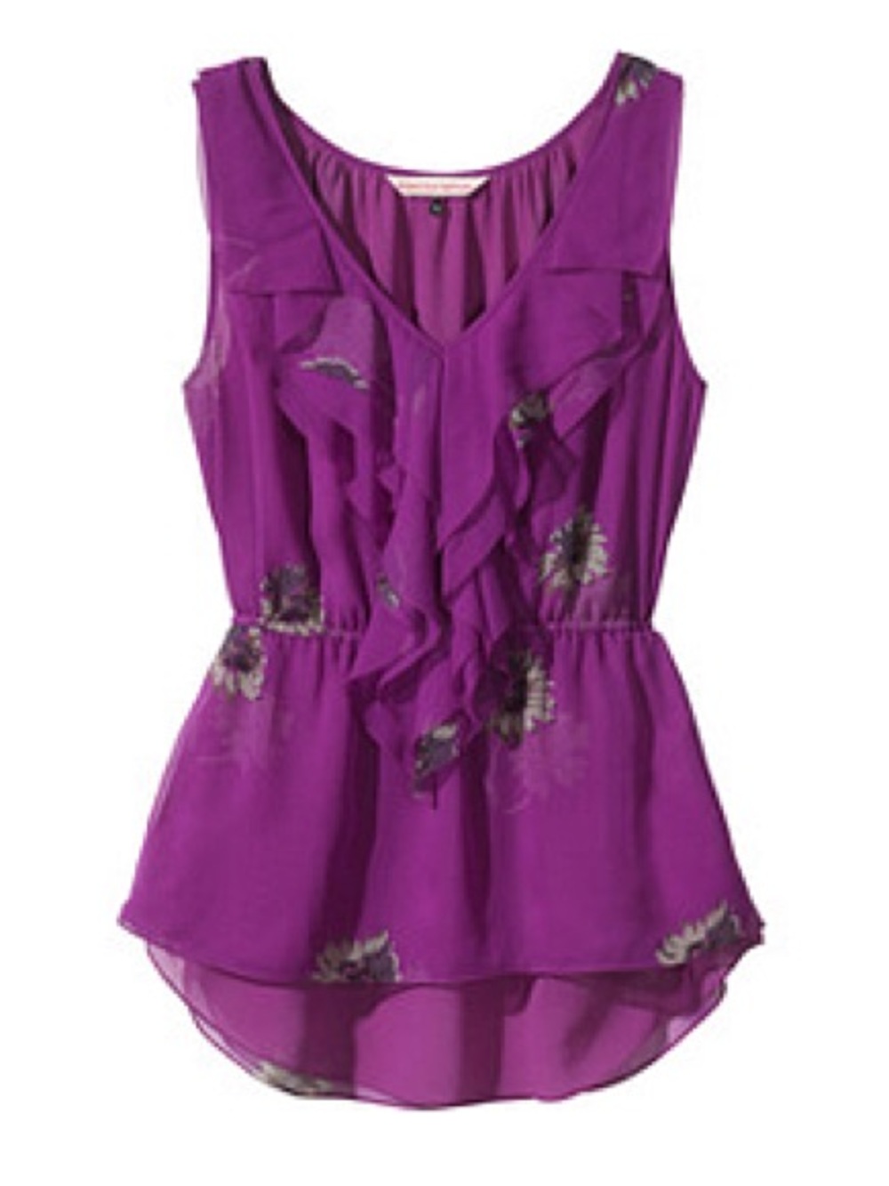 Rebecca Taylor 100% Sill Magenta Ruffle V-Neck Floral Sleeveless Top